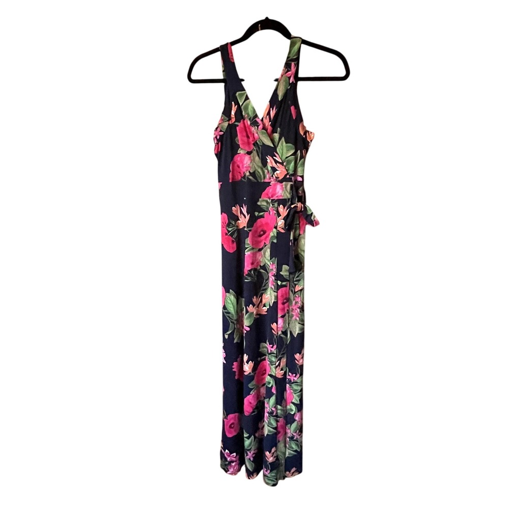 Floral Print Maxi Dress Wrap Style V Neck Sleeveless‎ Summer Casual, M, NWOT